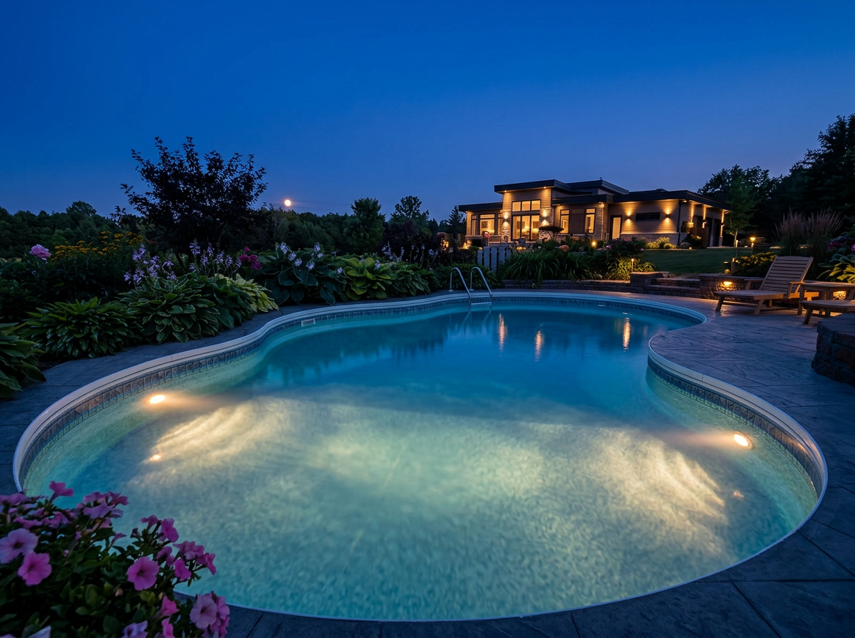 Backyard swimming pool at twilight maintained by Big Splash Pool & Spa in Monmouth County, NJ