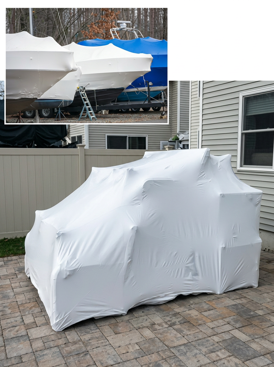 Winterized pool with safety cover after a professional pool closing in Central New Jersey
