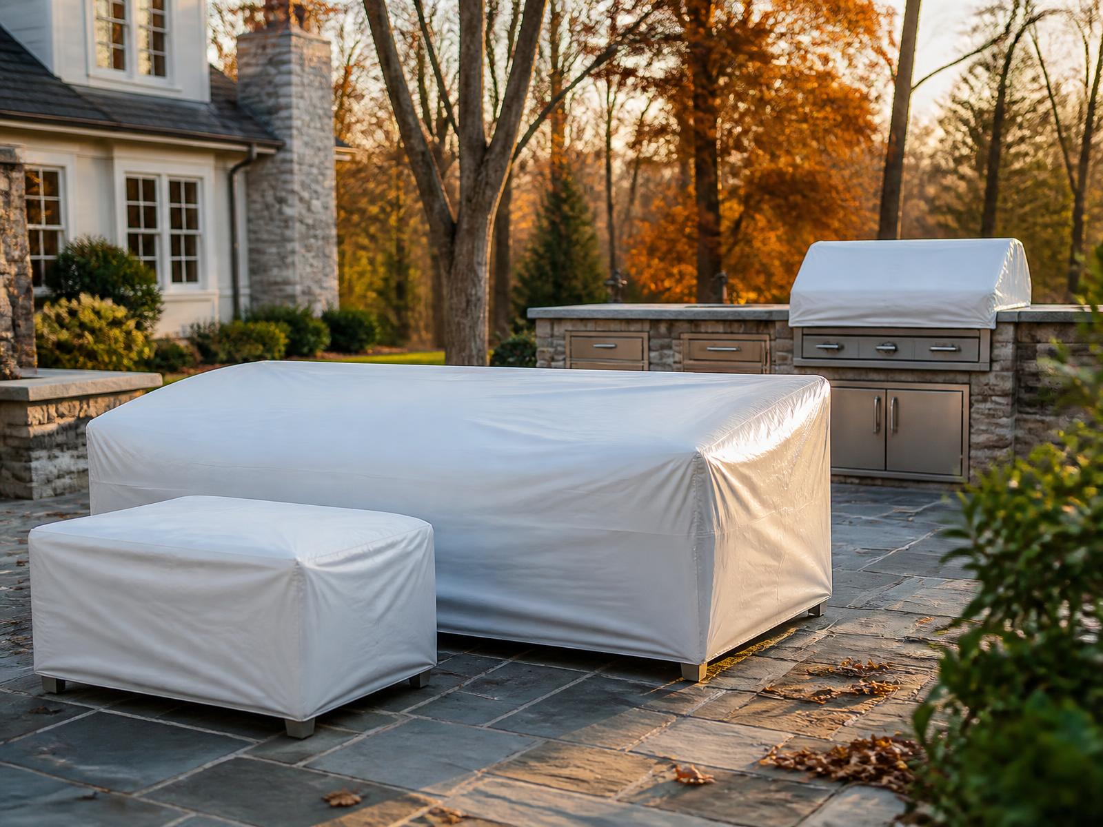 Outdoor patio furniture and kitchen protected with professional shrink wrap in New Jersey